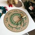 Round burlap Christmas placemat featuring green reindeer and snowflake printed patterns - Style 3 Green