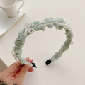 Mint green pleated headband featuring white pearl bow design and sparkling rhinestones - 220539 Green