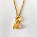 14K gold plated stainless steel necklace with pink crystal and initial E pendant - Letter E