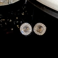 Elegant silver stud earrings with a large round clear crystal and pavé diamond halo - Silver Earring Post - Gold - Grey
