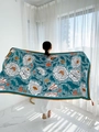 Ethnic summer sun protection beach scarf in teal blue with orange floral pattern - Bronze-Blue Green Base White Orange Floral Tassel / 180cm / Bronze