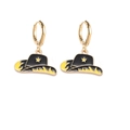 Détails des boucles d'oreilles chapeau de cowboy en émail noir avec motifs flammes - Je1538b / Cuivre et Alliage