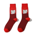 Detail of red crew socks featuring grey tabby cat embroidery and knit texture - 1-Red Tabby Cat