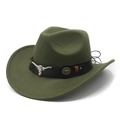 Olive green western cowboy felt hat with black leather band and bull head metal ornament - M (56-59cm) / Army Green With Black Leather Belt