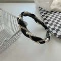 Elegant black woven fabric headband with white faux pearls and rhinestone chain detail - Black