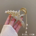 Pince à cheveux muguet dorée avec strass et pompons de perles, longueur 11cm - 91# Orchidée Dorée