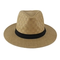 Classic men's straw fedora hat in natural light brown with black decorative band - Checkered Khaki