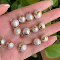 Natural round freshwater pearl connector with gold plated ring for DIY jewelry making - No.45 Width 8-13mm