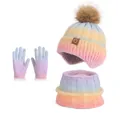 Kids winter knit set with rainbow gradient hat, scarf, and gloves featuring faux fur pom - Rainbow Gradient