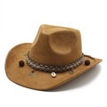 Detailansicht eines braunen Wildleder-Cowboyhuts mit ethnischem Webband und Muscheln - M (56-59cm) / Khaki