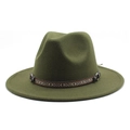 Detail of olive green wool fedora hat featuring ethnic woven band and metal buckle accents - Army Green