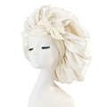 Elegant champagne satin sleep bonnet with bow detail on mannequin head - Medium Single Layer Ribbon / Milk White