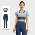 Dames yogaset in grijs meerblauw en walvisblauw met nep-tweedelig topje en sportleggings - S / Boven- En Onderstuk / Meerblauw + Walvisblauw