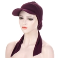 Detail of burgundy turban hat with brim and pleated ribbon tie for women - Dark Purple