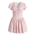 Pink plaid V-neck mini dress with lace trim, bow tie and layered ruffle skirt - S / Pink
