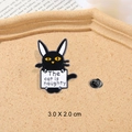 Cartoon black cat enamel pin with rabbit ears holding The Cat is Naughty sign 3x2cm - THE