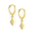 S925 silver gold plated hoop earrings with geometric star engraved rhombus pendant - Gold Rhombus Star
