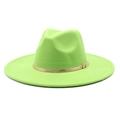 Detail of neon green wool fedora hat featuring a stylish gold faux leather buckle band - M (56-58cm) / Fruit Green