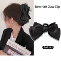 Elegant black silk satin bow hair claw clip for women's sophisticated hairstyles - Black Satin Bow Cross Style Claw Clip / Black