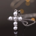 Cross pendant necklace featuring six white pearls and sparkling zircon on silver chain - Silver Pearl Tiny Diamond Cross (款式46)