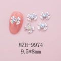 Close-up of alloy bow nail art charm with aurora heart crystal, size 9.5x8mm, MZH-9974 - Silver Bow + White Moonstone Heart (9974)