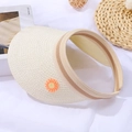 Detail of a beige woven visor featuring a cute daisy and stripe trim for girls - 56-58cm / Orange Daisy Hat / White