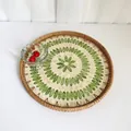 Round rattan tray with green and white mosaic shell inlay featuring a floral pattern - Green Grape / Large 35*3cm