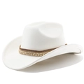 Detailed view of white faux suede cowboy hat with sparkling rhinestone braided hatband - M (56-58cm) / Cream