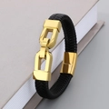 Men's black braided leather bracelet with a stylish golden horseshoe shackle clasp - Style D Gold