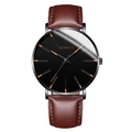 Reloj de negocios Geneva minimalista con correa de cuero marrón y esfera negra - Caja Negra Esfera Negra Aguja Oro Rosa Correa Cuero Marrón