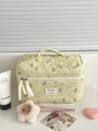 Detalle del neceser de algodón acolchado verde con estampados florales de tulipanes - Bolsa de Maquillaje de Mano Grande (HZB-0235)