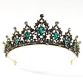 Vintage Baroque crown with gold base, black rhinestones and green emerald teardrop gems - Black Rhinestone + Green Gem