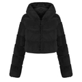 Detail of black faux fur coat featuring hooded design and metal ring zipper puller - S / Black
