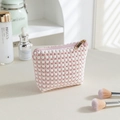 Beauty case portatile rosa e bianco in maglia con cerniera dorata e finitura morbida - Astuccio Triangolare - Pois Rosa