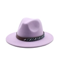 Detailed view of lavender wool fedora with leather band and geometric woven pattern - Taro Purple