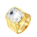 Anello massonico dorato con grande pietra rettangolare e simbolo squadra e compasso - Misura 7 / Oro Zircone Bianco