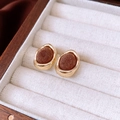 Macro detail of retro gold-rimmed earrings with dark brown flocking in a velvet box - 925 Silver Earring Post / Gold Brown Oval