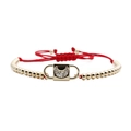 Red braided string bracelet with zircon moon pendant and golden metal beads - Moon / Red