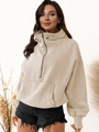 Beige half-zip oversized hoodie with drawstring collar and large front pocket - S / Apricot