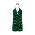 Sexy green velvet halter mini dress with ruched details and cutout front design - S / Dark Green