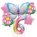 Rainbow number 6 balloon set with blue butterfly and pink flower foil decorations - Number 6 / Gradient