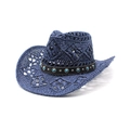 Cappello da cowboy in paglia blu scuro con fascia etnica turchese per protezione solare - M (56-58cm) / Blu navy