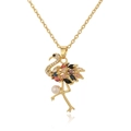 Detailed shot of golden flamingo necklace featuring multi-color crystals and white pearl - Colored Gemstone Flamingo Style (AL-D1058)
