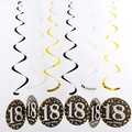 Schwarze, goldene und silberne PVC-Hängewirbel zum 18. Geburtstag und Party-Decken-Dekoration - Alter 18 Schwarz Gold Silber Einzelwirbel