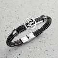 Men's dark brown woven leather bracelet with heart heartbeat engraved stainless steel plate - Black Brown (Heartbeat)