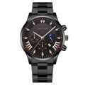 Men's chronograph watch in matte black stainless steel with rose gold Roman numerals - Black Dial Rose Gold Hands Black Band (Fork End)