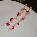 Dopamine flower tassel earrings with pink gems and red translucent stones in gold finish - #18 925 Silver Pin - Gold Chain Red Pink Stone