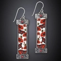 Vintage rectangle drop earrings with butterfly and floral print inlay and red gemstones - Floral & Butterfly Style