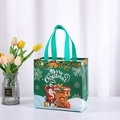 Green Christmas non-woven gift bag with Santa Claus by fireplace and Merry Christmas text - Green Santa