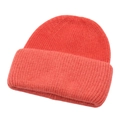 Close-up of deep red ribbed knit beanie showing soft long-hair mohair texture - One Size / Orange